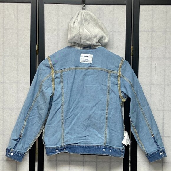 Old Navy Denim Trucker Jacket L Faded Medium Blue Jean Hoodie Button-Up Kids L - Picture 6 of 11